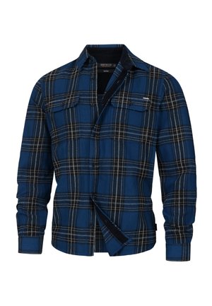 Blauw en zwart geblokt flanellen shirt met een knoopsluiting kraag, twee borstzakken en een zachte textuur. Bevat witte stiksels accenten.