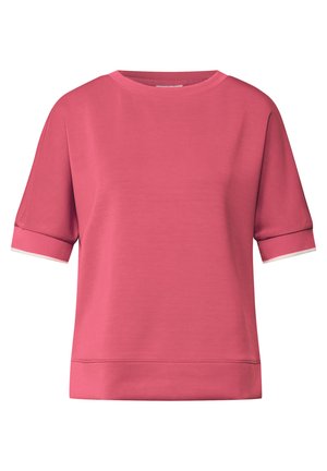 Pink short-sleeved sweatshirt with a round neckline and white trim at sleeves and bottom hem. Made of smooth, lightweight fabric.