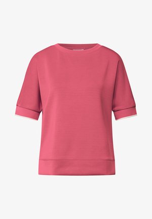 Rosa Kurzarm-Sweatshirt mit runden Halsausschnitt und weißem Besatz an den Ärmeln und dem unteren Saum. Aus glattem, leichtem Stoff gefertigt.