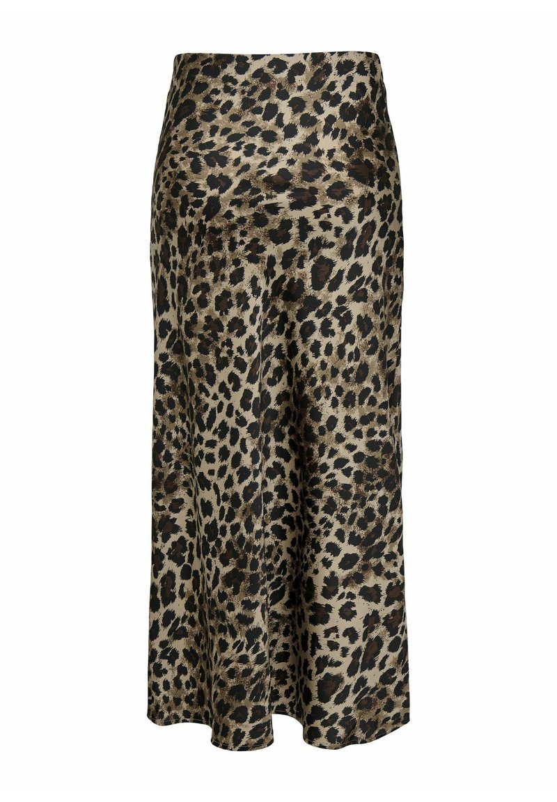 Jupe maxi imprimée léopard en tissu lisse, dotée d'une taille haute, d'une silhouette fluide et de nuances de beige, marron et noir.