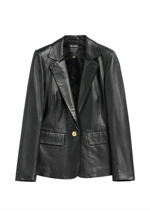 Czarna skórzana marynarka na pojedynczy guzik z klapami z wycięciem i przednimi kieszeniami z patkami, dopasowany krój.