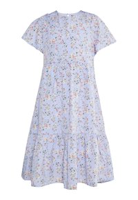 Floral Kleid aus hellblauem Stoff, mit kurzen Ärmeln, einem runden Ausschnitt und einem gestuften Rock mit kleinen, bunten Blumenmustern.
