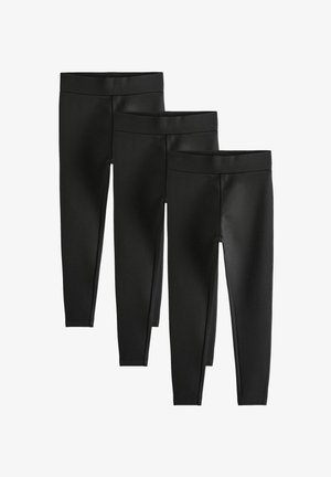 Drei Paar schwarze Leggings aus dehnbarem, glattem Stoff. Sie verfügen über einen elastischen Bund und eine enganliegende Passform, die für verschiedene Aktivitäten geeignet ist.