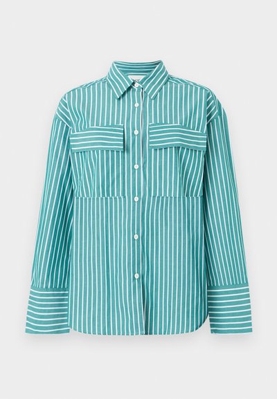Turquoise button-up shirt with vertical white stripes. Features two chest pockets, a classic collar, and long sleeves with striped cuffs.