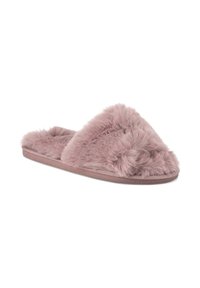 Zapatillas de casa de color rosa difuso con una banda ancha y suave y suela plana. La textura es esponjosa, y el diseño en general es de punta abierta para facilitar su uso.
