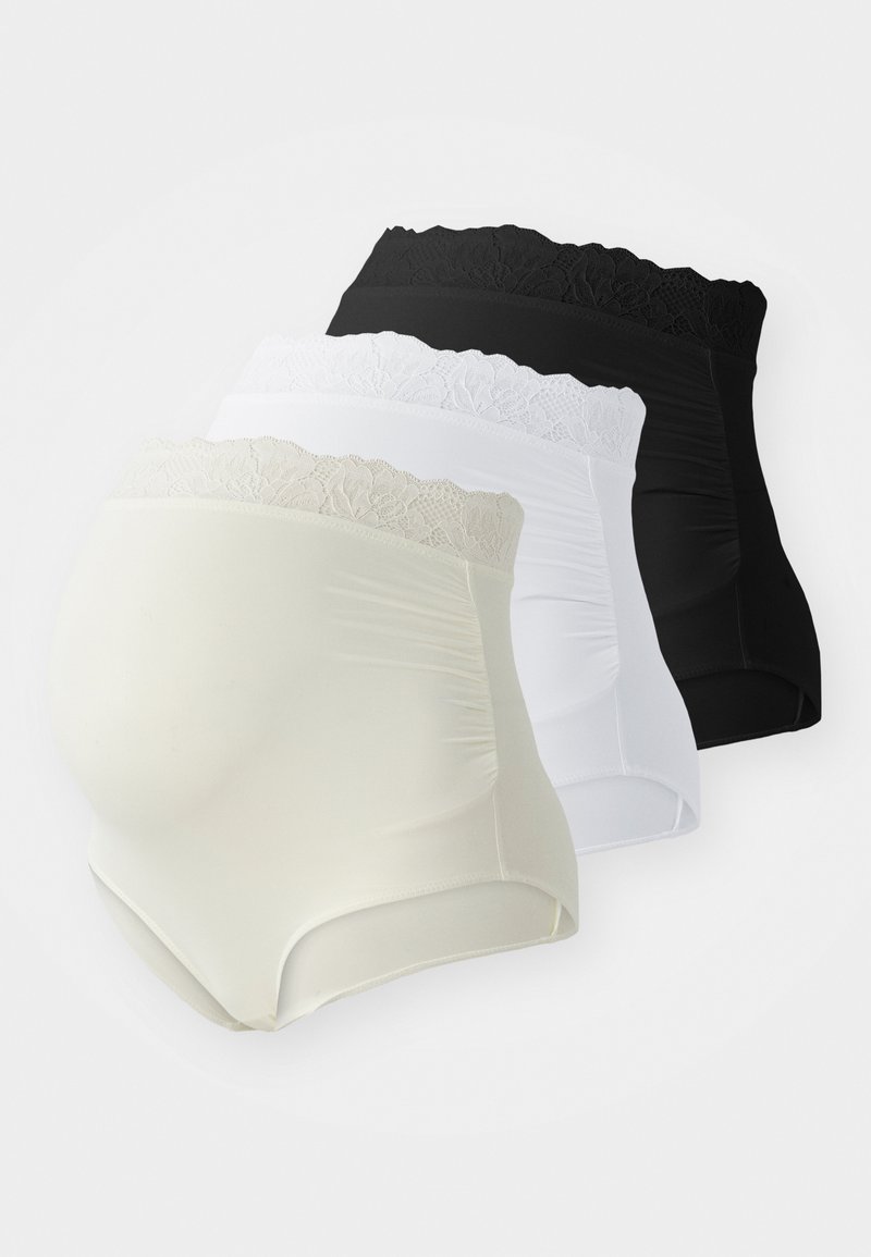 Cuecas modeladoras de cintura alta em preto, branco e creme com acabamentos em renda, apresentando um tecido suave e um design ajustado.