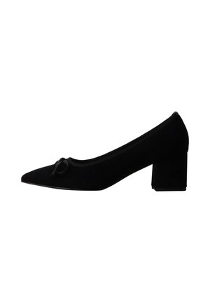 Chaussure femme en daim noir à talon bas bloc avec bout pointu et petit nœud décoratif sur le devant.