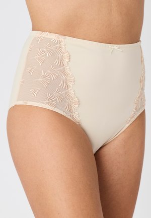 Culottes beige taille haute avec panneaux latéraux en tulle transparent et broderie florale. Comprend un petit nœud décoratif à la ceinture.