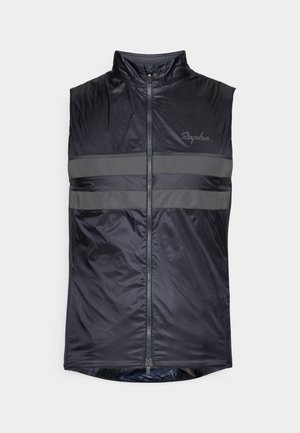 Gilet sans manches noir en matériau léger et résistant à l'eau. Il présente des rayures grises réfléchissantes et une fermeture éclair sur le devant.