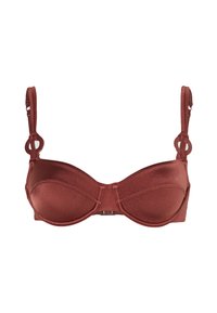 Podprsenka s rustikálním odstínem a saténovým povrchem, s kosticemi, vytvarovanými košíčky, nastavitelními dvojitými ramínky a kulatými dekorativními kroužky blízko ramínek.