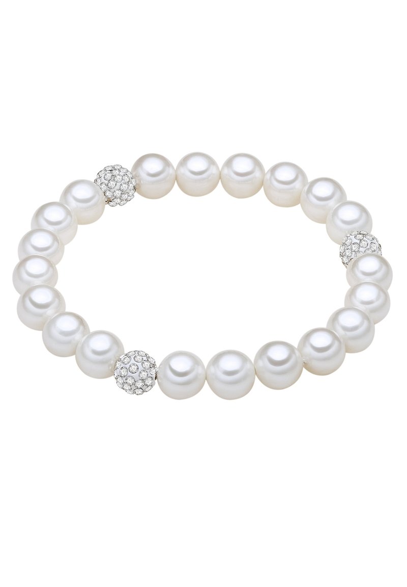 Pulsera de perlas que presenta perlas blancas redondas con un acabado brillante, adornada con dos separadores decorativos incrustados de cristales.