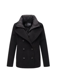 Manteau en laine noir à double boutonnage avec six boutons, larges revers et un col intérieur haut matelassé avec fermeture éclair, taille small.