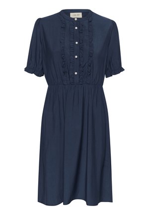 Námornícky modré šaty s krátkymi volánovými rukávmi, zapínanie na gombíky s perlovými detailmi a volánovým výstrihom; vyrobené z ľahkého materiálu.