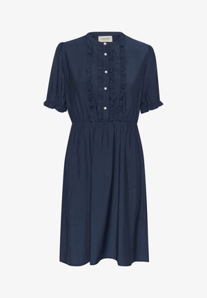 Navy blue dress with short ruffled sleeves, button-front with pearl accents, and a ruffled neckline; made from lightweight fabric.