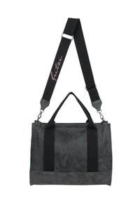 Sac fourre-tout gris avec une finition texturée, des poignées noires contrastantes et un logo rose sur la sangle ajustable. Doté de poignées robustes et de quincaillerie en métal.