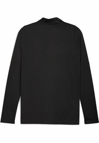 Sort langærmet skjorte med en mock-neck, glat tekstur og uden synlige mønstre eller detaljer, med indsyede ærmer og en afslappet pasform.