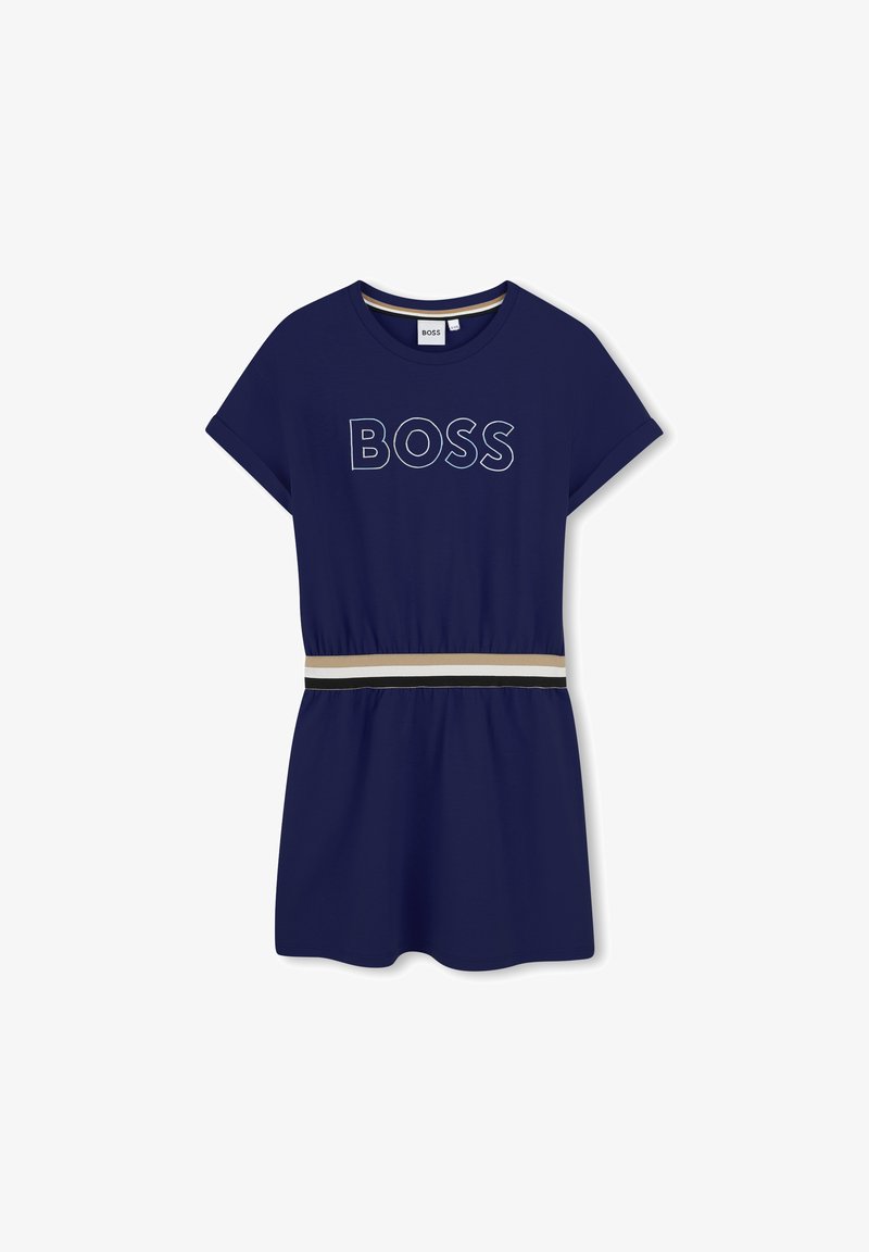 Marineblauwe jurk met korte mouwen, voorzien van het "BOSS" logo in witte omtrek, elastische taille met gestreepte band in beige en zwart.