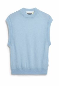 Lichtblauw gebreid mouwloos topje met een ronde halslijn, een geribbelde zoom en een gladde textuur. Label met de merknaam "ARMEDANGELS".