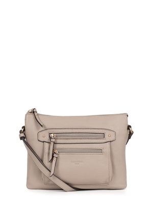 Sac bandoulière en cuir beige avec bandoulière réglable, deux poches avant zippées et détails en métal doré.