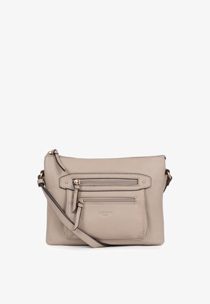 Sac bandoulière en cuir beige avec bandoulière réglable, deux poches avant zippées et détails en métal doré.