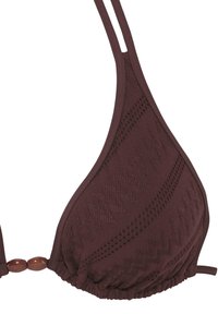 Bikini toppi suklaanruskeana kolmionmuotoisilla kupeilla, teksturoidulla pinnalla, säädettävillä olkahihnoilla ja koristeellisilla puuhelmillä keskikohdassa.