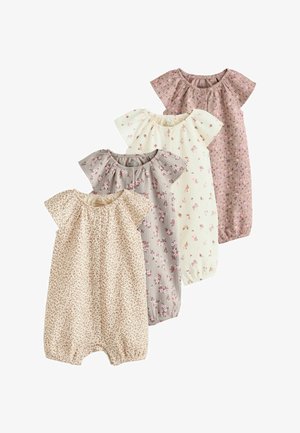 Četiri kratka dječja bodija s kratkim rukavima u bež, sivoj, krem i ružičastoj boji s malim cvjetnim uzorcima, naboranim izrezima i elastičnim otvorima za noge.