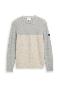 Langärmeliger Strickpullover mit hellgrauem Oberteil und Ärmeln sowie cremefarbenem Unterteil, gerippte Bündchen und Saum.