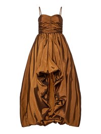 Bronze satin dress with a structured bodice featuring ruching, thin straps, and a voluminous skirt with gathered detailing at the hem.
