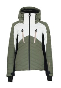 Veste matelassée en vert olive, blanc et noir. Dispose d'une capuche, d'une fermeture éclair et de deux poches avant avec des accents contrastants et des textures de tissu.