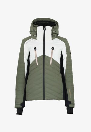 Veste matelassée en vert olive, blanc et noir. Dispose d'une capuche, d'une fermeture éclair et de deux poches avant avec des accents contrastants et des textures de tissu.