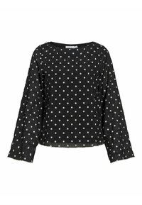 Must pikkade varrukatega tumesärk, millel on tekstuuriga kangas ja valged täpilised täpid. Omadused: lai kaelus ja sirge alumine serv, lõdvestunud lõige.