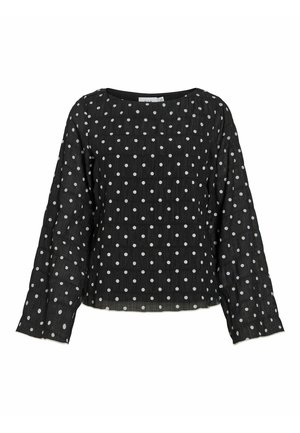 Schwarzes Langarmshirt mit strukturiertem Stoff und weißen Punkten. Verfügt über einen weiten Ausschnitt und einen geraden Saum, entspannte Passform.