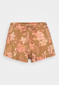 Shorts à imprimé floral avec une base marron, texture côtelée et taille élastique à cordon. Accentués par des fleurs et des feuilles roses et orange.