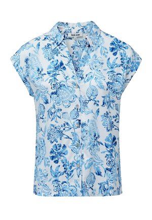 Short-sleeve button-up shirt in white and blue floral pattern. Features a collar and textured fabric with a smooth finish.