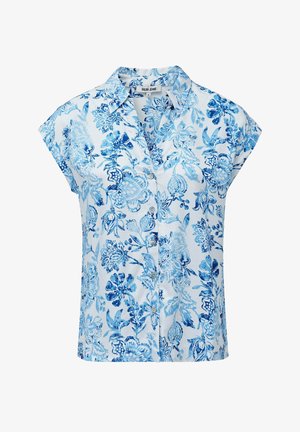 Short-sleeve button-up shirt in white and blue floral pattern. Features a collar and textured fabric with a smooth finish.