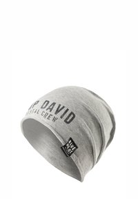 Light gray fabric beanie with "CAMP DAVID COASTAL CREW" text and black "BLUE NO. 07" label on the side.