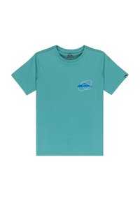 Light teal cotton t-shirt featuring short sleeves, a round neckline, and a blue logo graphic on the left chest.