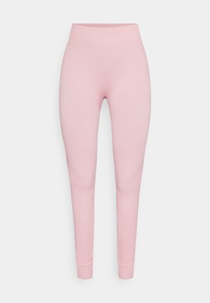 Roze geribde legging met een hoge taille, slim fit en elastische stretchstof voor comfort. Geen opvallende patronen of hardware details.