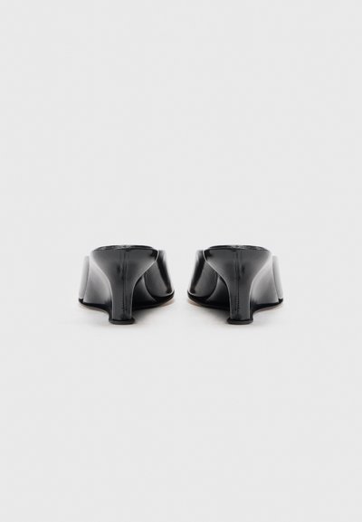 Black leather heeled shoes with a sleek silhouette, pointed toe, and a unique curved heel design, featuring a smooth and shiny texture.
