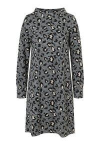 Graues Langarmkleid mit schwarzem und beigem Leopardenmuster, rundem Halsausschnitt und leicht ausgestellt A-Linie Rock.