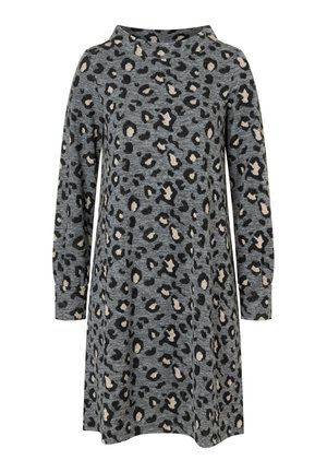 Graues Langarmkleid mit schwarzem und beigem Leopardenmuster, rundem Halsausschnitt und leicht ausgestellt A-Linie Rock.