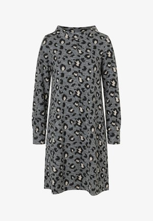 Graues Langarmkleid mit schwarzem und beigem Leopardenmuster, rundem Halsausschnitt und leicht ausgestellt A-Linie Rock.