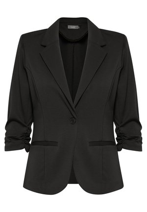 Black blazer with a fitted design, made of smooth fabric, featuring a single button, notch lapels, and rolled sleeves with ruching detail.