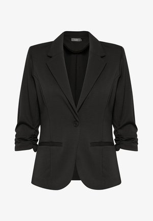 Svart kavaj med en figursydd design, tillverkad av ett glatt tyg, med en enda knapp, slagkrage och uppvikta ärmar med volangdetalj.