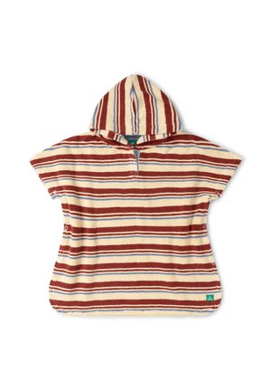 Gestreiftes, kurzärmliges Kapuzenponcho mit roten, beigen und blauen horizontalen Linien, seitlichen Druckknöpfen und einem Reißverschluss vorne an der Brust.