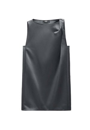 Rochie fără mâneci în gri închis, realizată dintr-un material neted. Prezintă un decolteu rotund și o croială relaxată cu buzunare laterale. Design minimalist.