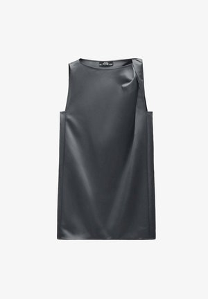 Rochie fără mâneci în gri închis, realizată dintr-un material neted. Prezintă un decolteu rotund și o croială relaxată cu buzunare laterale. Design minimalist.