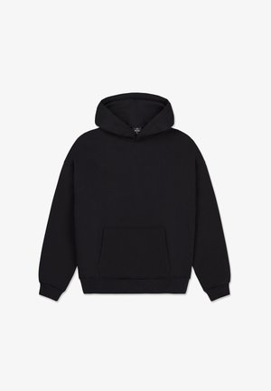 Zwarte hooded sweatshirt van een katoenmix. Heeft een voorkomes, ribgebreide mouwen en een ontspannen pasvorm. Effen afwerking, geen patronen.