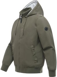 Veste à capuche vert olive avec fermeture éclair frontale, poches latérales, poignets et ourlet côtelés, et un écusson logo sur la manche gauche.
