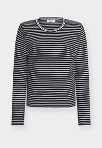 Top à manches longues à rayures bleu marine et blanches, avec un col rond et une coupe ajustée. Confectionné en tissu doux et extensible avec une texture lisse.